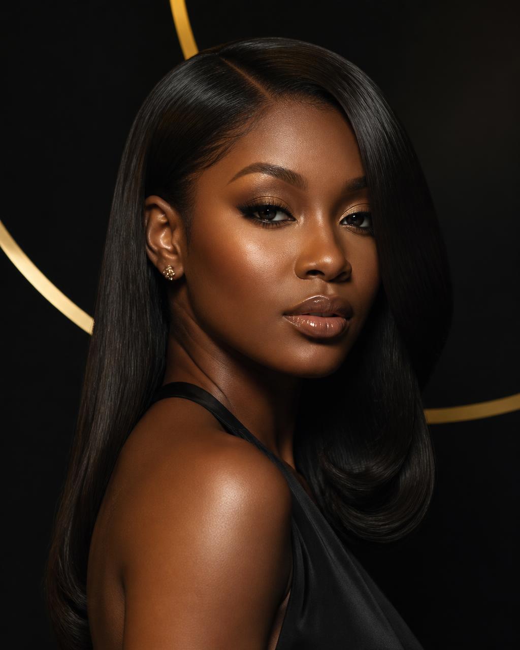 Black woman with glossy silk press hairstyle